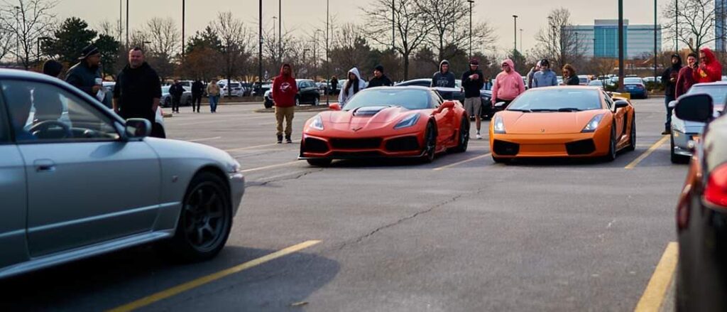 Community gathering and parked cars